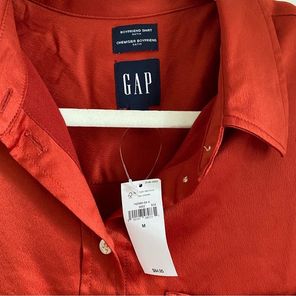 Satin Boyfriend Button Down Shirt Preppy Orange M Workwear Business Casual - Picture 3 of 7